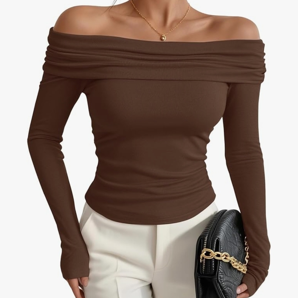 Brown Off-Shoulder Long Sleeve Top
